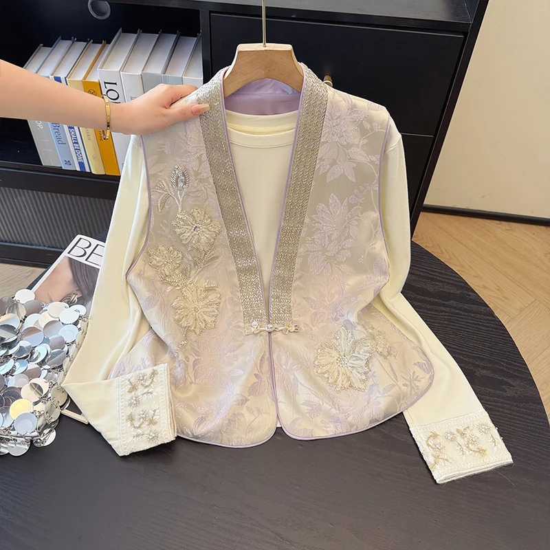 New Chinese Style Embroidered Beaded Vest Women's Sleeveless Tank Top Layering Shoulder Pad 2026 Autumn Season Cotton Lyocell...