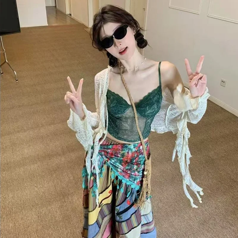 Ethnic Printed Triangular Scarf for Women, Boho Lace Tassel Chiffon Shawl, Versatile Fashion Neck Wrap Scarves for Daily Wear