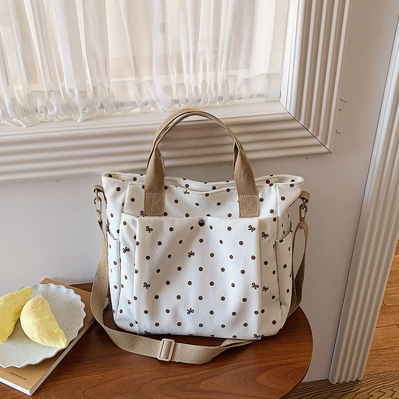 New Trendy Corduroy Crossbody Bag Dot Print Simple Handbag Women Large Capacity Casual Tote Shoulder Bag