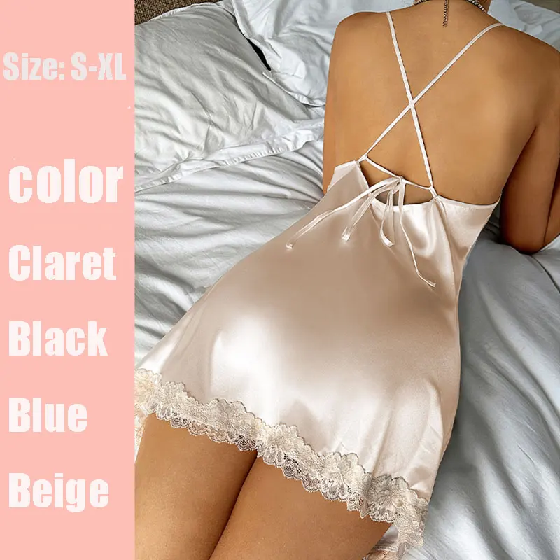 

Beige Sultry Women's Nightgown Elegant Evening Dress Lace V-Neck Strappy Backless Sexy Pajamas Solid Color Hot Short Nightdress