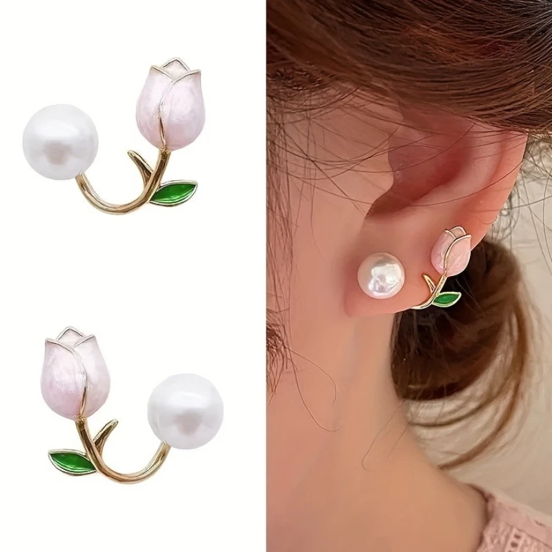 

1 pair of women's fashion earrings flower tray, exquisite and cute inlaid imitation pearl tulip flower earrings women's banquet wedding spring and summer vacation daily wear elegant accessories Valentine's Day birthday gift (no cardboard)
