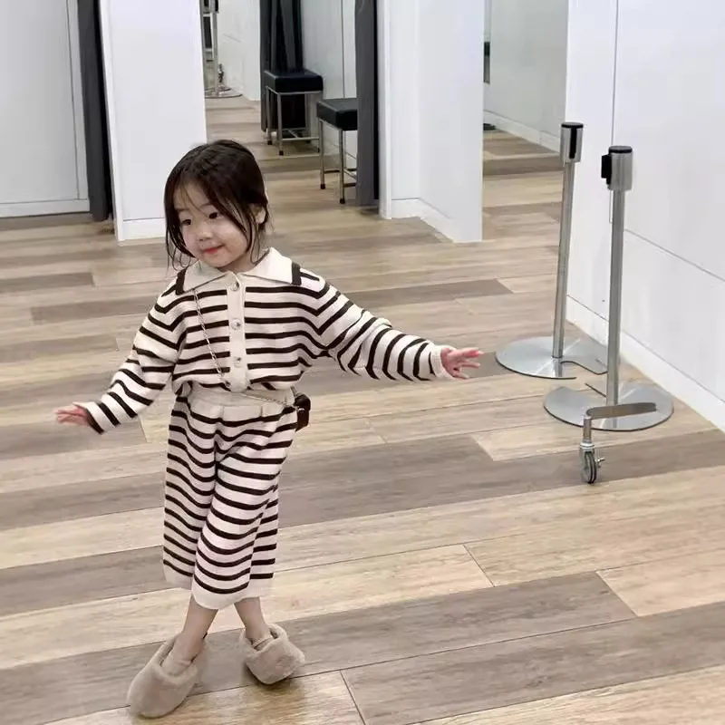 

Fall 2025 New Korean Children's Clothing Girls' Lapel Striped Wide-leg Cropped Trousers Woolen Set Fashion Casual