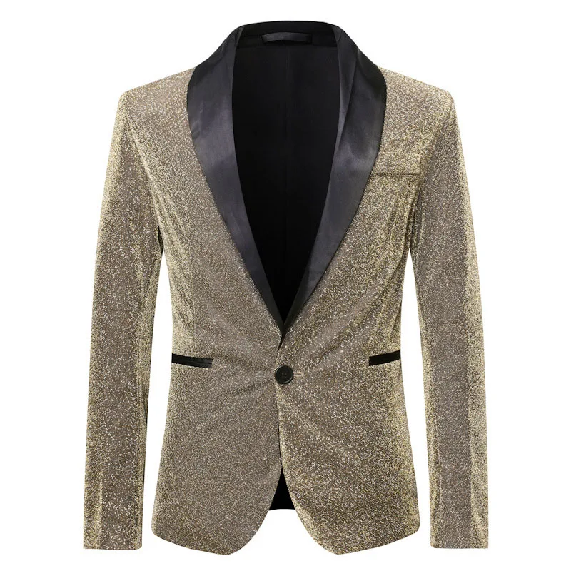 

Shiny Gold Glitter Blazer Men One Button Shawl Lapel Suit Jacket Men DJ Club Bar Prom Tuxedo Blazer Stage Clothes for Singers