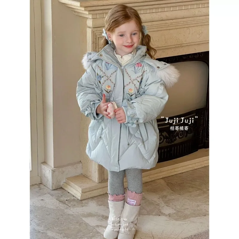 

New Children's Winter Thickened Warm Hooded Cotton Clothes 2025 Girls Hair Collar Medium and Long Embroidered Fashion Coat