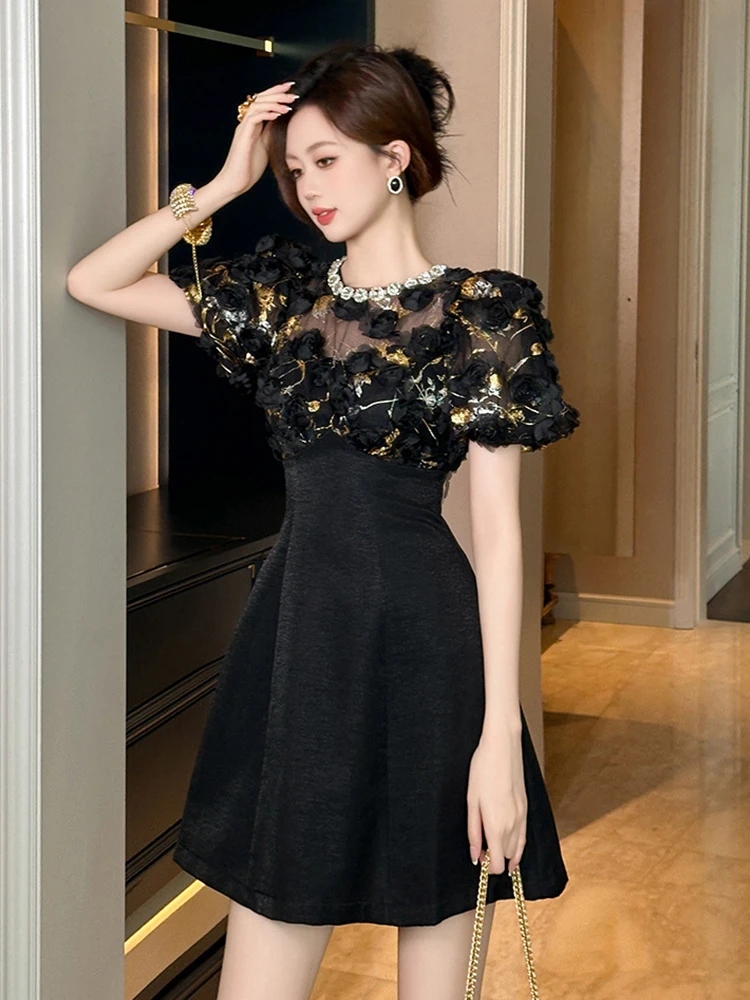 Summer Elegant Luxury Black Evening Dress Women Clothes Retro Floral O-Neck Puff Sleeve Slim Short Party Club Birthday Vestidos