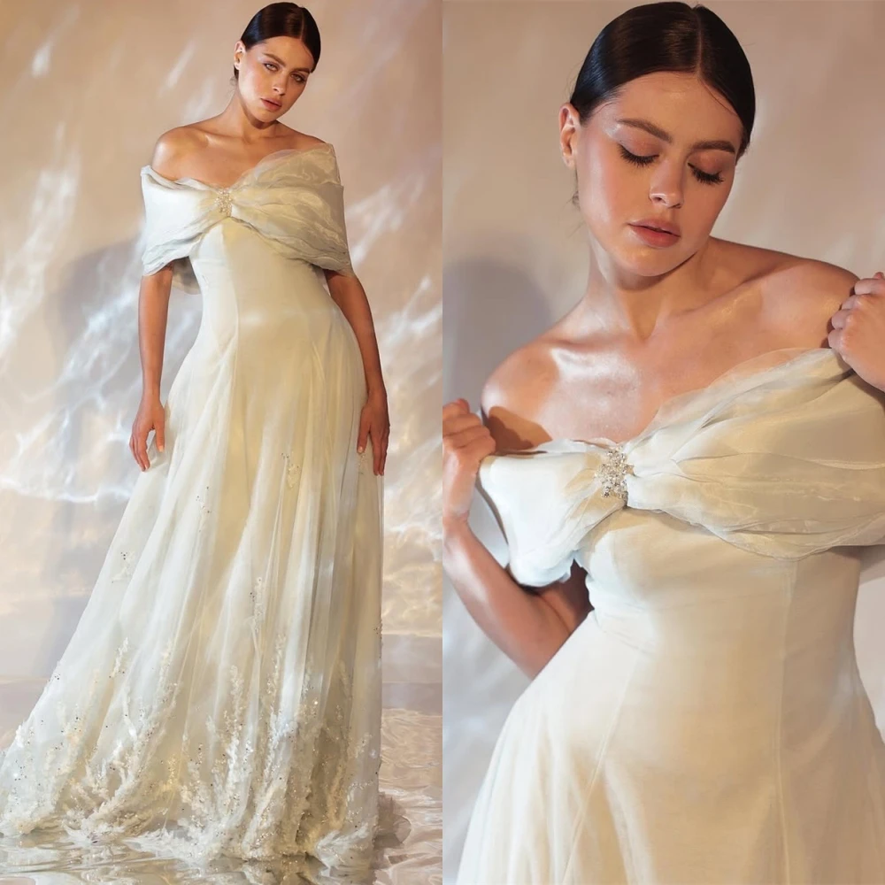 

Customized Formal Ivory Organza Evening Dress Elegant Boat Neck Off the Shoulder Party Dress Simple Crystal Feathers Prom Dress