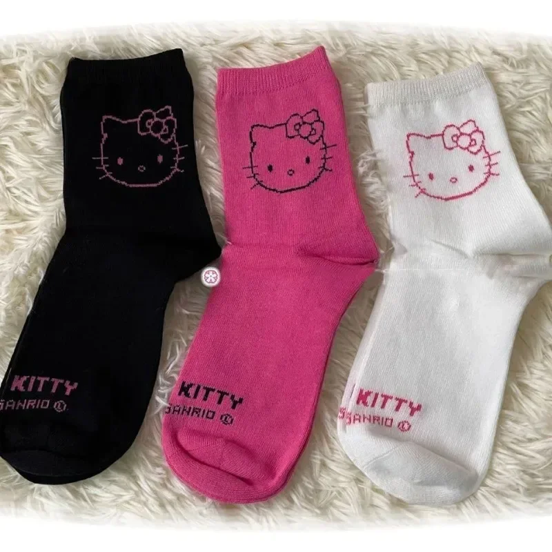 

3 Pairs Sanrio Y2K Hello Kitty Mid-Calf Socks for Women Kawaii Comfortable Polyester Blend Gilrs Rosered Black White Socking