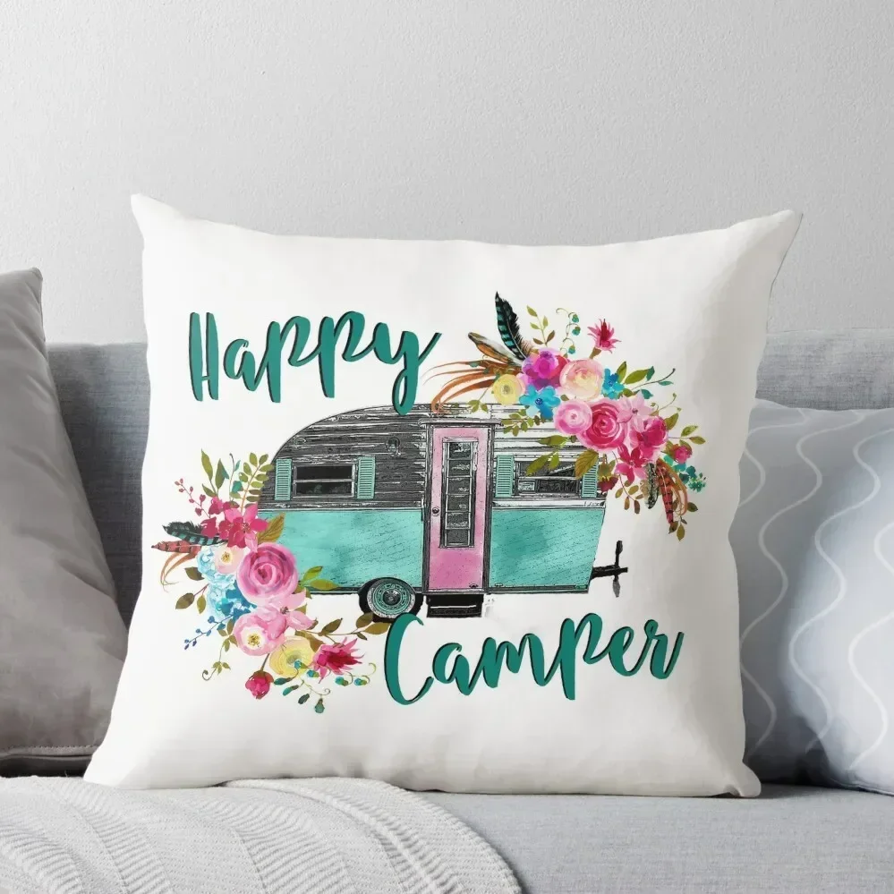 Happy Camper - Vintage RV / Camping Trailer - Gifts for Camping Lovers Throw Pillow Pillowcases For Pillows pillow