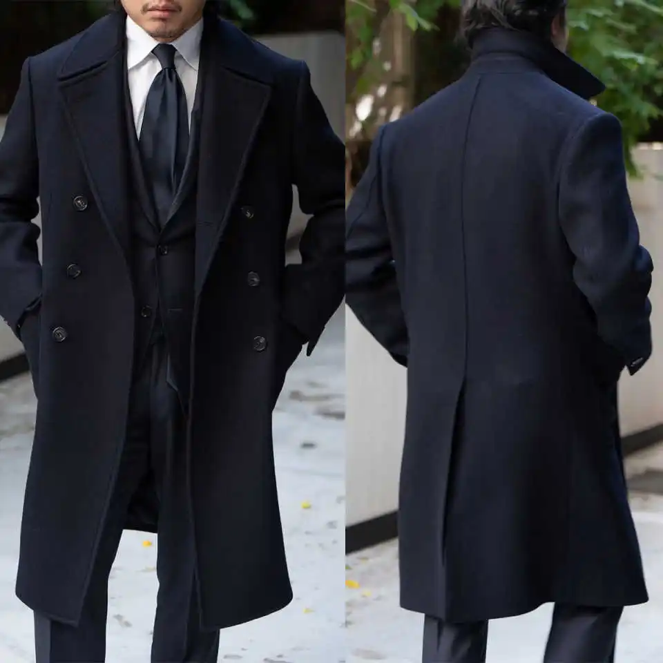 Customized Navy Blue Wool Blend Coat Men Long Overcoat Vintage Double Breasted Coat Regular Fit Jacket One Piece