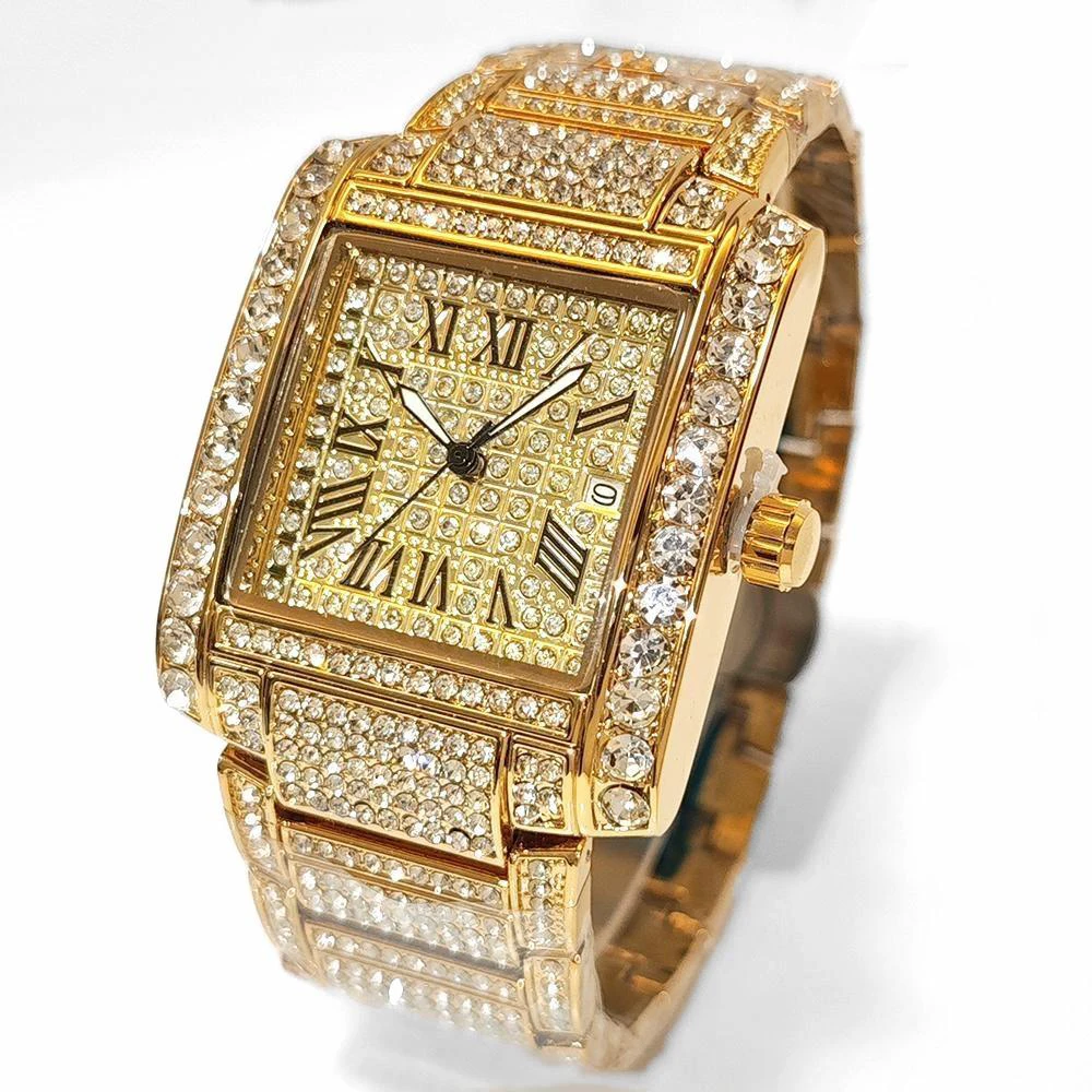 Luxury Mens Watch Fashion Silver Stainless Steel Quartz Watches Hip Hop Full Diamonds Rectangle AAA Wrist Watch Man Dropshipping