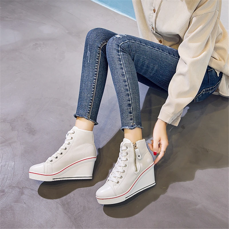 Spring and autumn new high -top bandage high -heeled canvas shoes loose bottom slopes thick leisure large size women's shoes