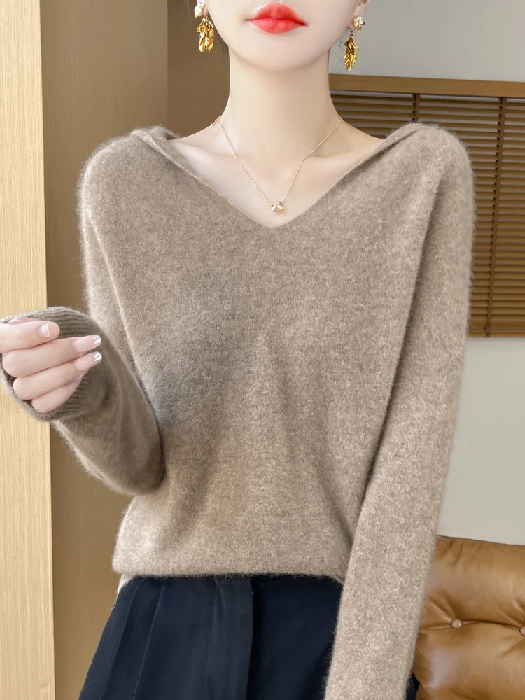 

New Fashion Women Cashmere Sweater Basics Hooded Cardigan Spring Autumn 100% Merino Wool Knitwear Female Grace Soft Clothes Top