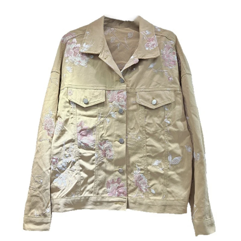 WTHT Neue Mode frauen Schwere Industrie Gespleißt Pailletten Blume Denim Jacke 2025, Herbst Trendy Lange Ärmel Mantel Weibliche 1LS2254