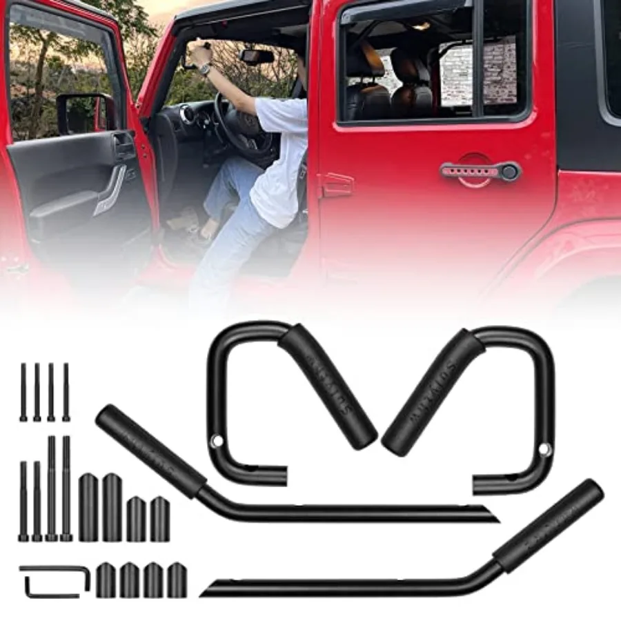 

NO Block Sunvisor Front and Rear Jeep Grab Handles Black Aluminum and Rubber Kit for 2007-2018 Jeep Wrangler JK JKU 4 Door