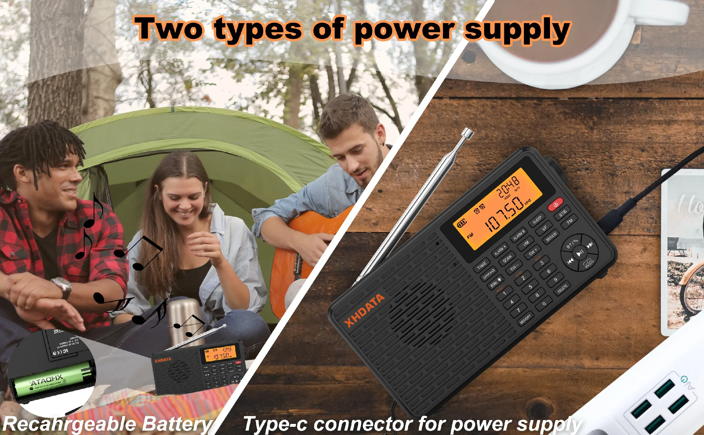 XHDATA D-109 Stereo Digitales Tragbares Radio AM SW MW FM Radio Bluetooth-kompatibles Multifunktionsradio Unterstützung TF-Kartenspieler – Detail 4