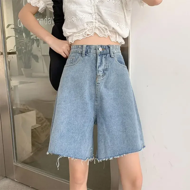 Solid Shorts Women Blue Clothing Summer All-match Preppy Aesthetic Vintage Pockets Tender Leisure Basic Denim Loose Ulzzang New
