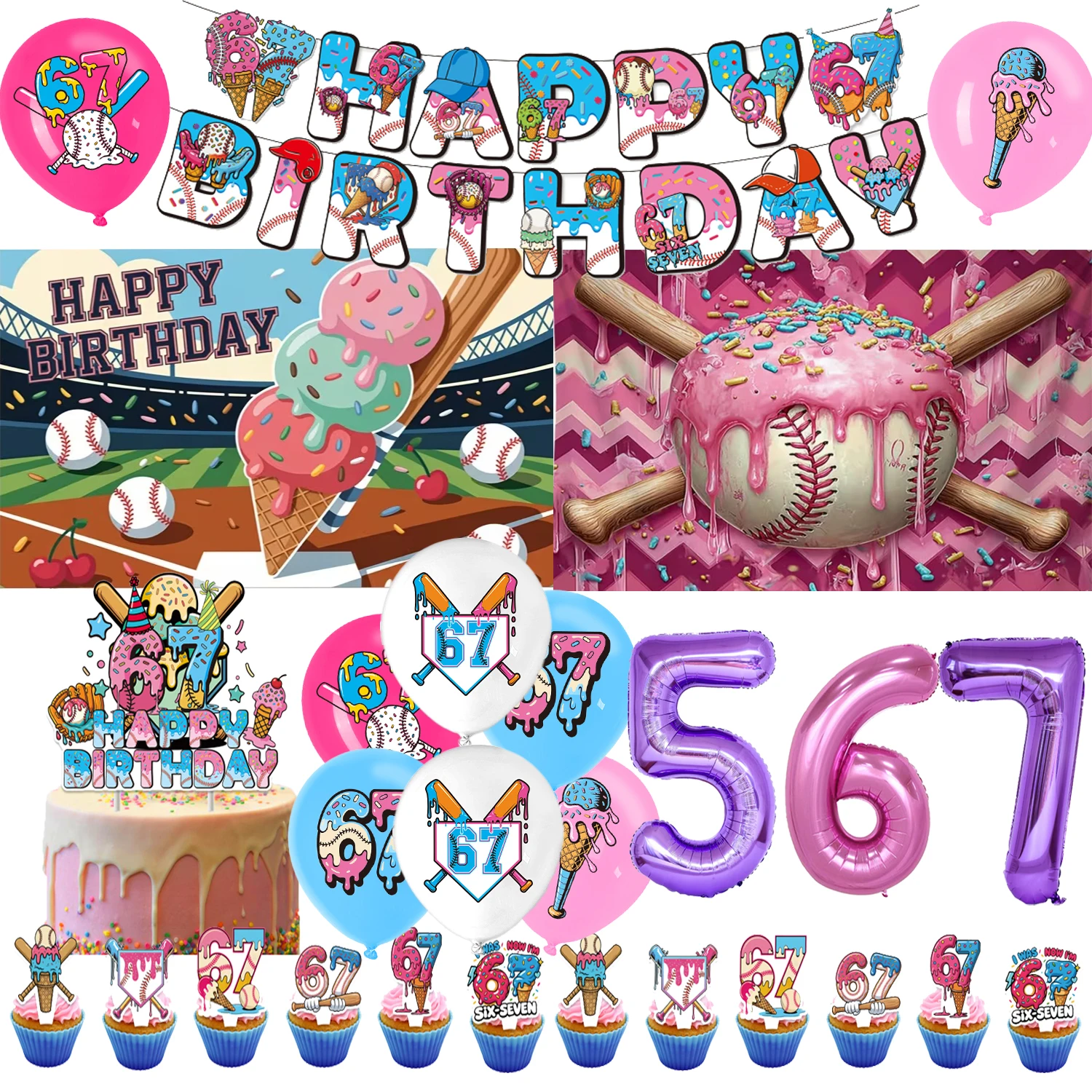 

67 Ice Cream Baseball Theme Birthday Party Decoration Background Cake Topper Balloons Banner Photography Backdrop Prop Kid Gifts