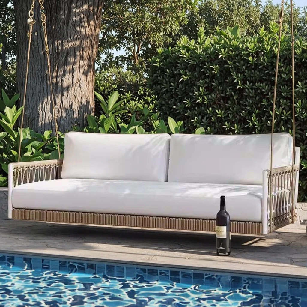 

Hot Sale Modern Style Rope-Swing Hanging Rattan Chair for Outdoor Balcony Bedroom Dining or Patio Made of Wood & Fabric