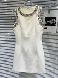 HIGH STREET Newest 2024 Fashion Stylish Designer Women's Water Sequined Round Neck Diamonds Beading Sleeveless Vest Dress