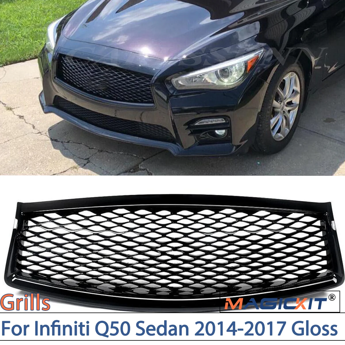 

MAGICKIT Glossy Black Front Upper Grille Grill FOR 2014-2017 Infiniti Q50 Sedan JDM Style CAR Accessories Front Mesh Cover