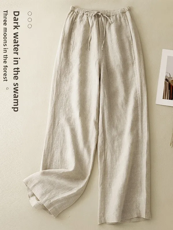 Retro spodnie z wysokim stanem i szerokimi nogawkami, damskie, luźne, wyszczuplające, elastyczne, z bawełny i lnu, proste nogawki, codzienne spodnie, lato 2025
