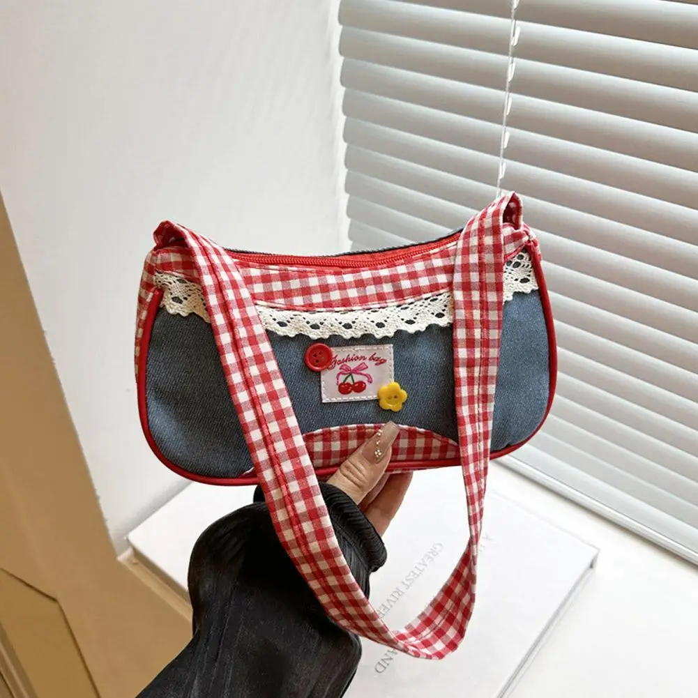 

Fashion Woman Checkered printed Shoulder Bag Bow Denim Lovely Tote Pleated Drawstring Design Daily Commuting Handbag