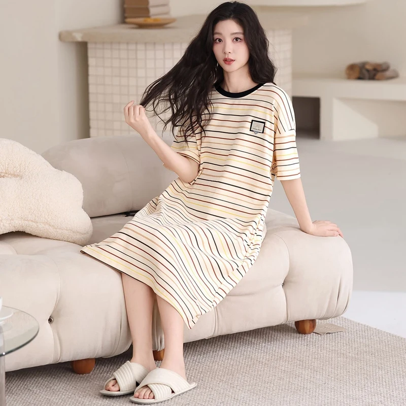 

2026 Summer Short Sleeve Cotton Casual Striped Nightgowns for Women Korean Loose Sleepwear Night Dress Nightdress Home Nighty