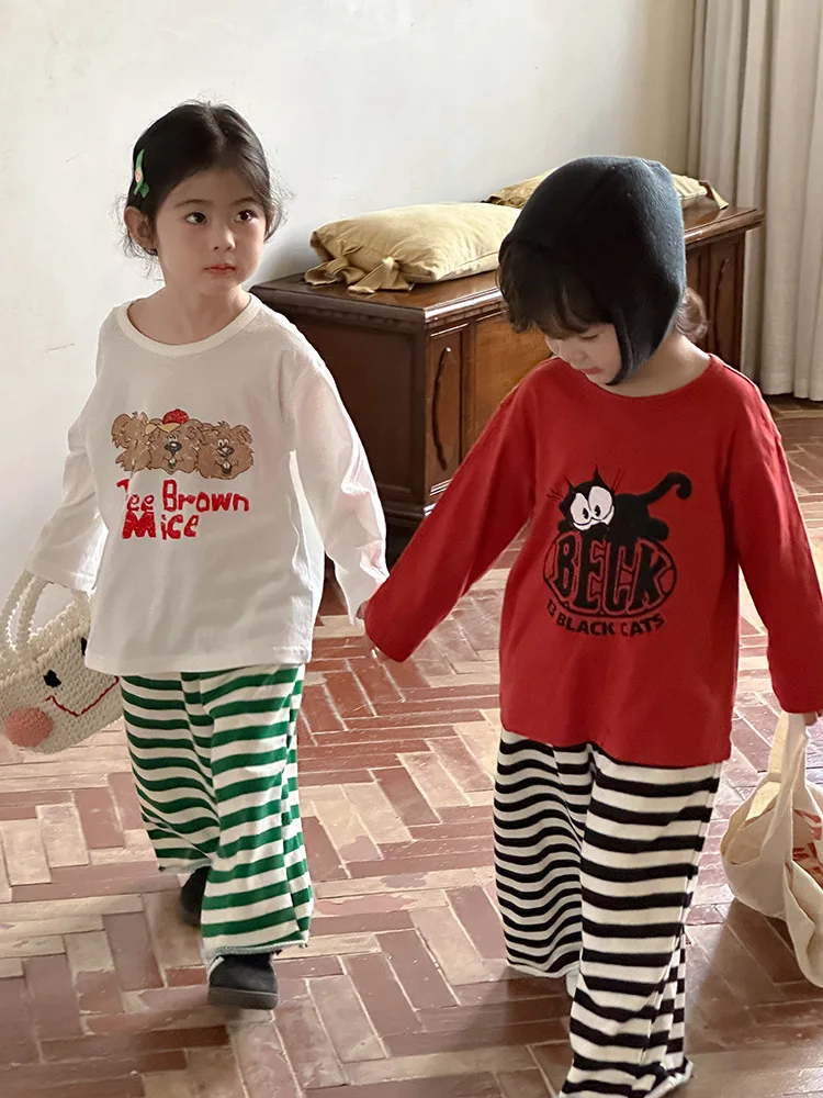 2024 Autumn New Children Trousers Fashion Boys Loose Casual Pants Cotton Versatile Girls Striped Wide Leg Pants Kids Clothes