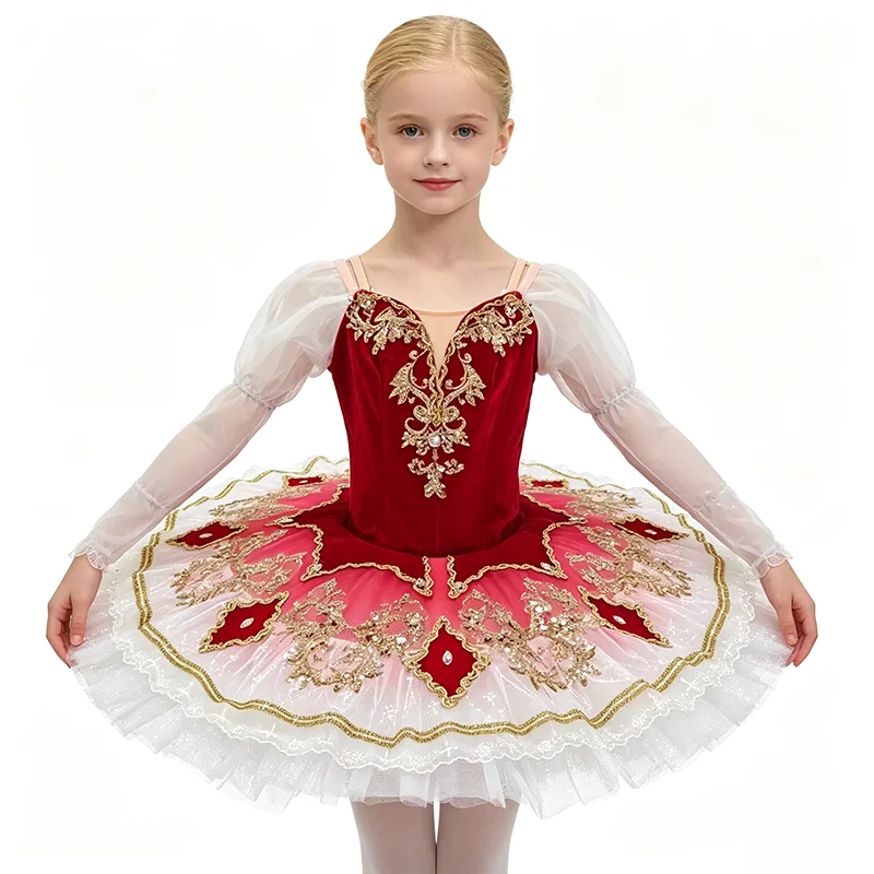 Womens Puff Sleeve Thin Strap V Neck Ballet Tutu Performance Dress Gold Scroll Rhinestone Embroidery Red Diamond Patch Gradient