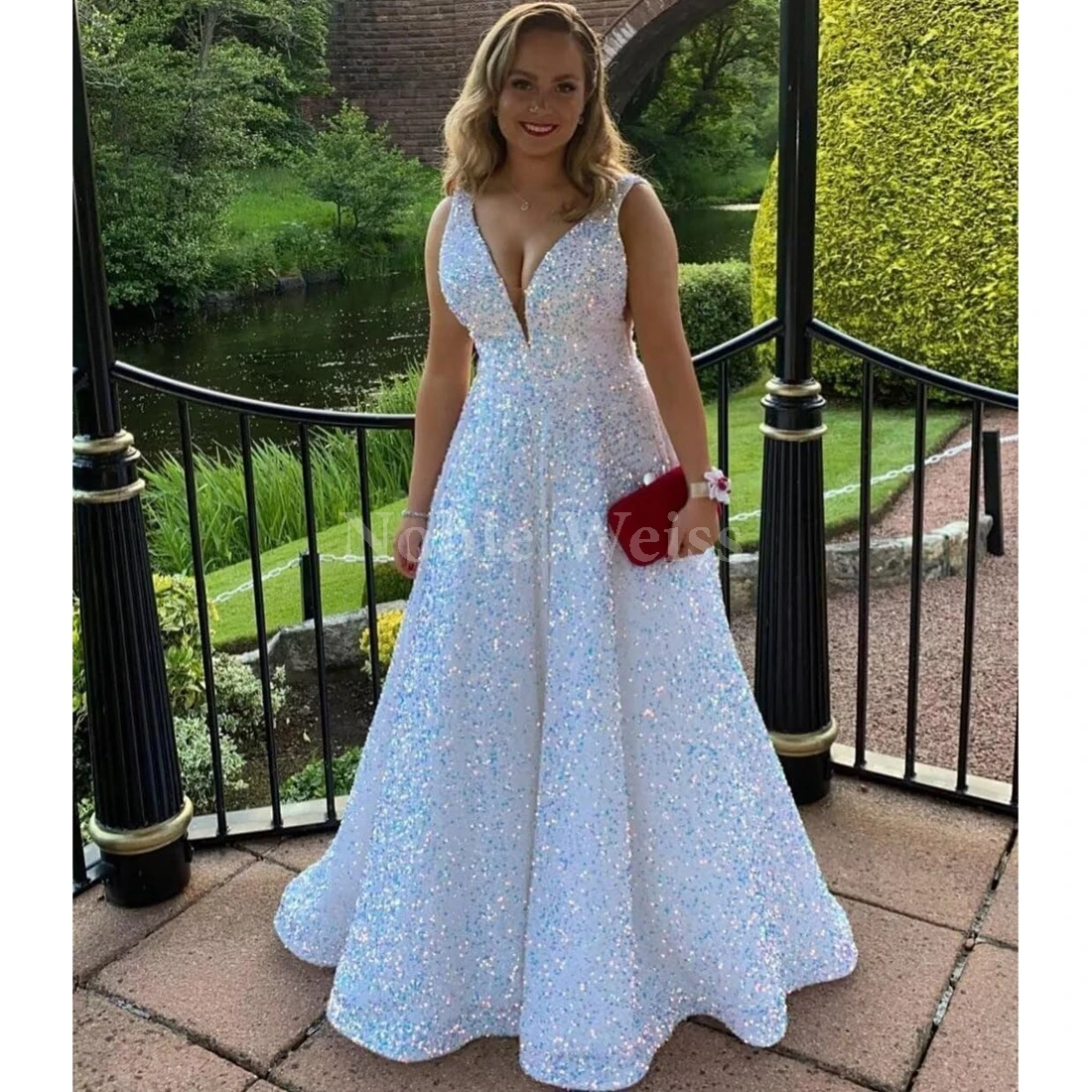 

Elegant V Neck A-Line Sparkly Sequin Evening Dresses for Women Party Formal Gowns Customize