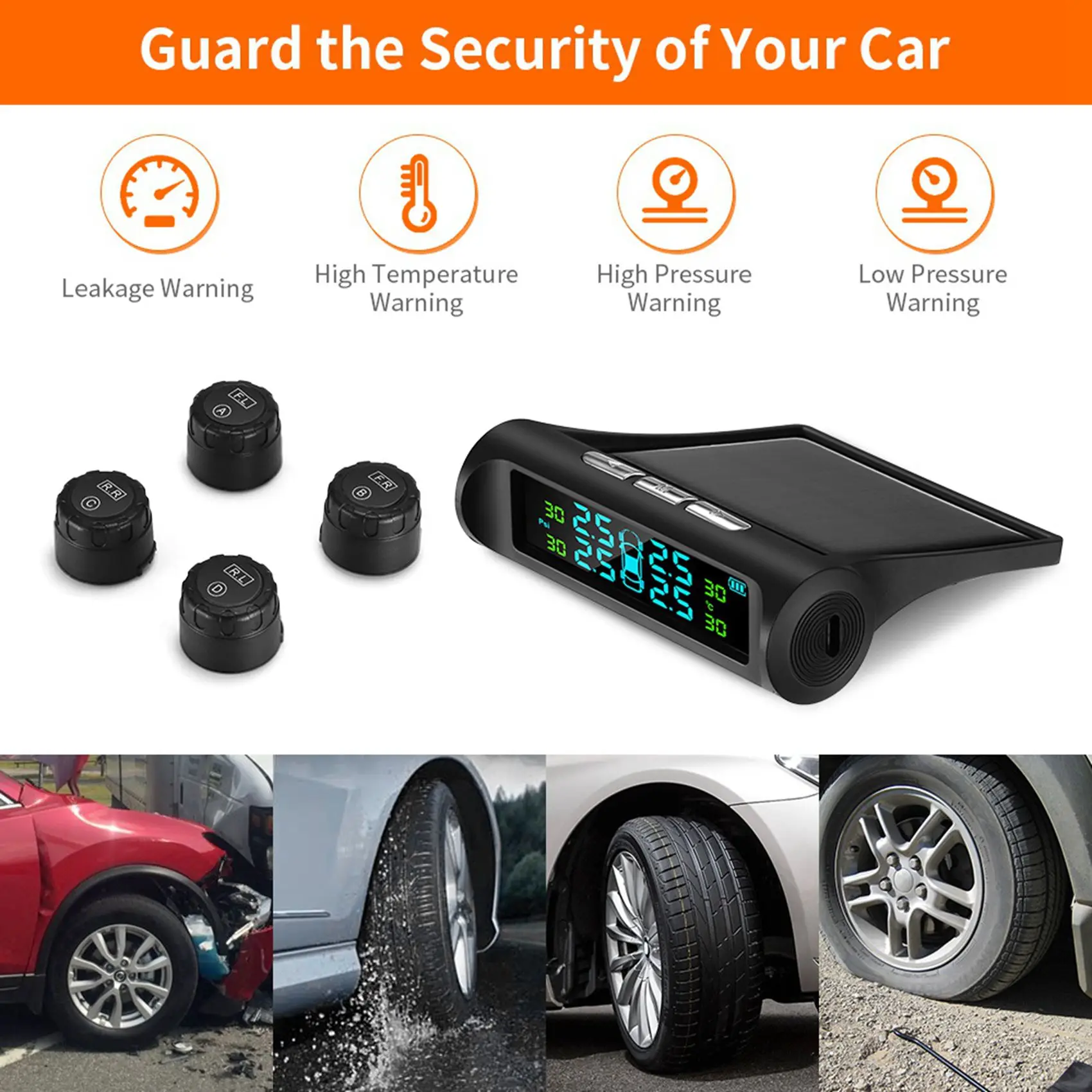 

A60E-2X Solar Tpms Car Tire Pressure Alarm Monitoring System 4 External Automatic System Tire Pressure Temperature Warning