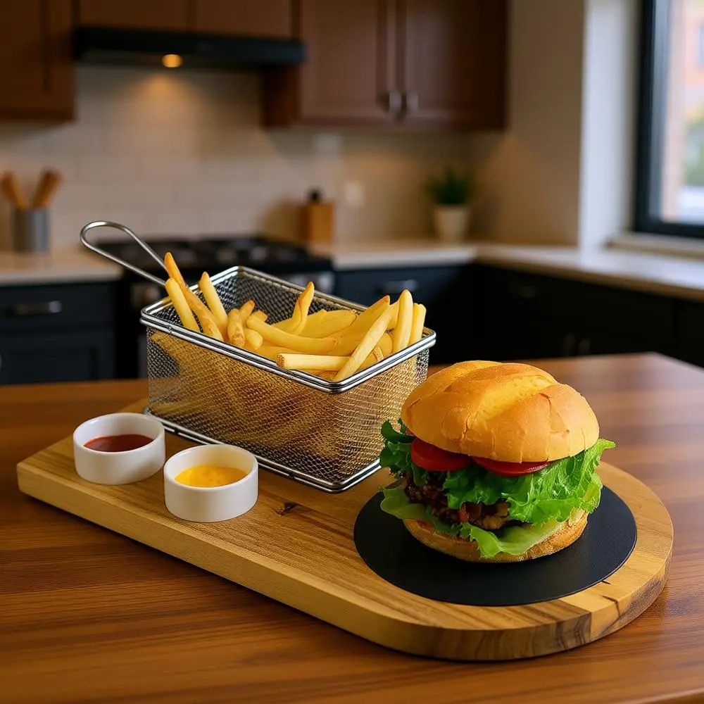 

Набор для подачи бургеров: идеально подходит для гурманов, любителей бургеров и обеденных столов, включает разделочную доску из акации и элементы из нержавеющей стали.