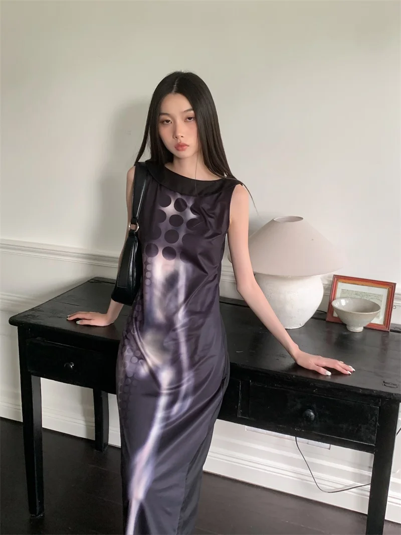 CHEERART X-Ray Cyber Y2k Fashion Sleevless Tank Dress For Women 2023 Black Boat Neck Print Long Midi Dress Fashion Clothing