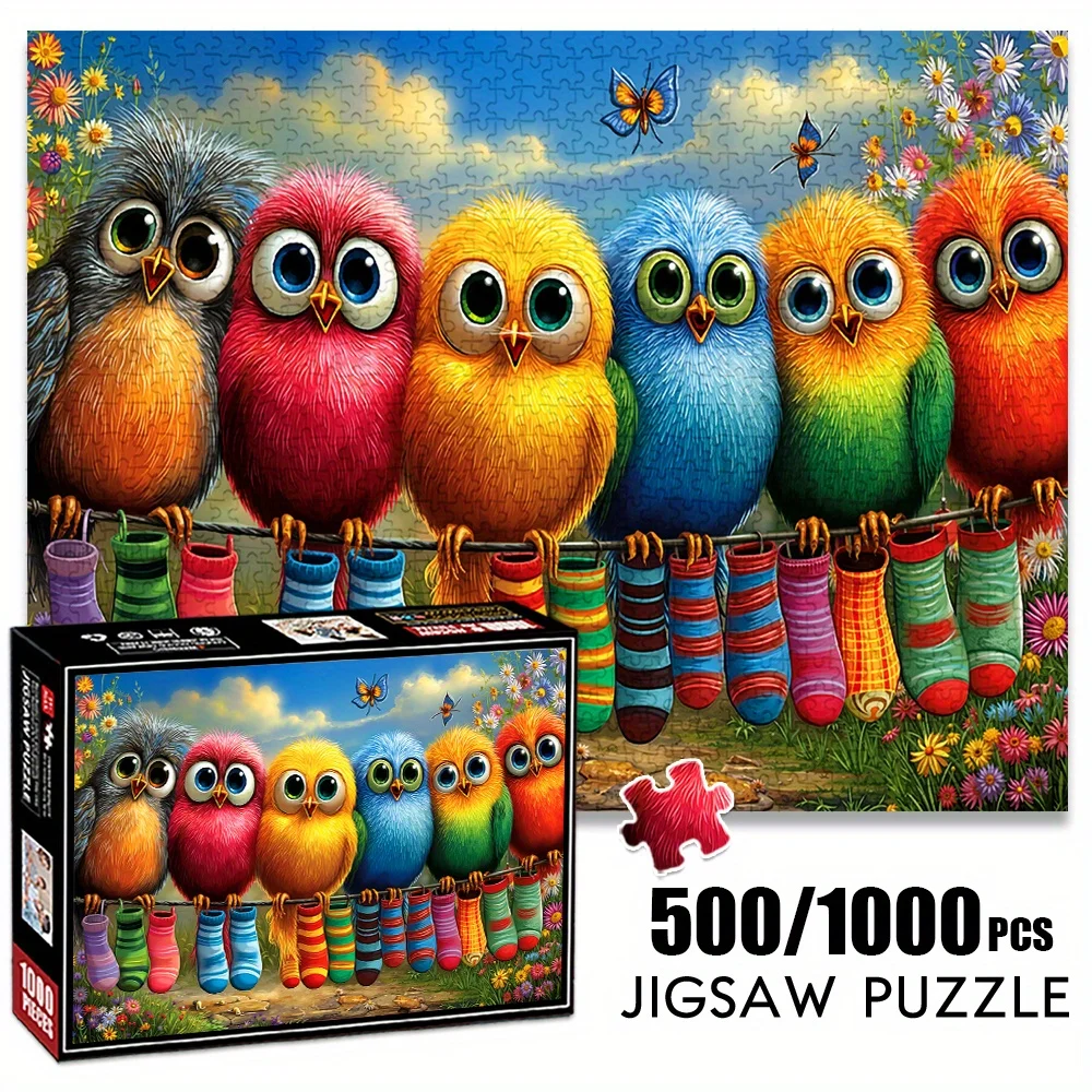 

Пазл для взрослых, 1000 шт., большой размер 27,56x19,69 дюйма, птица в мультяшном стиле с радужными носками, 500 шт. бумажный пазл. Подходит