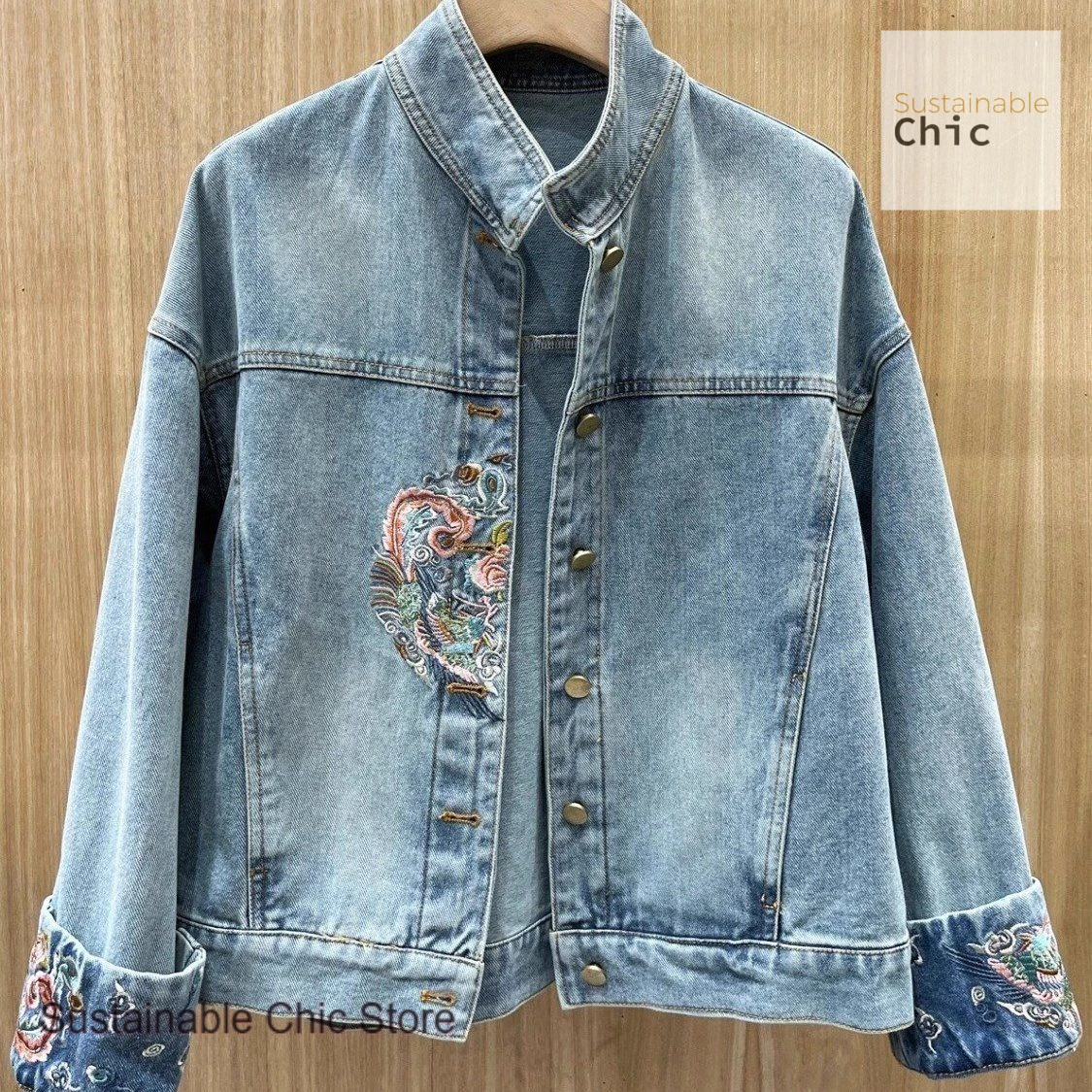 

Chinese folk style embroidery buckle design short denim jacket women's spring and autumn new single-breasted retro casual jacket