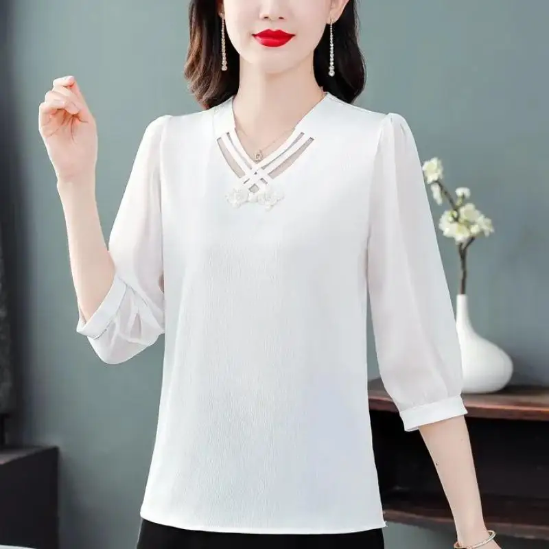 2024 Solid Color Chiffon Shirt Women\'s New Summer V Neck Bottoming Top 3/4 Sleeve Versatile Pullovers Chiffon Blouse