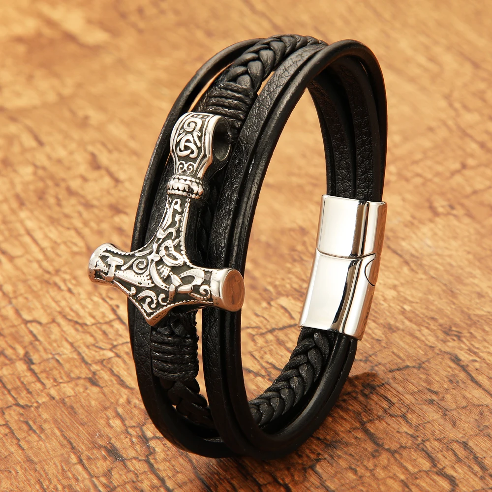 European And American Woven Viking Hammer Jewelry Cowhide Rope Bracelet Stainless Steel Magnetic Buckle Bracelet