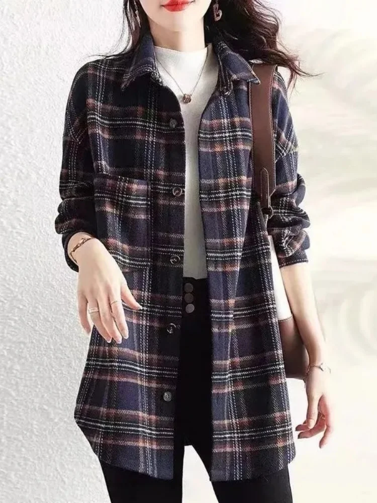 Plus size feminino puro algodão xadrez irt midi solto emagrecimento topo na moda commute coreano sle longo gola sve