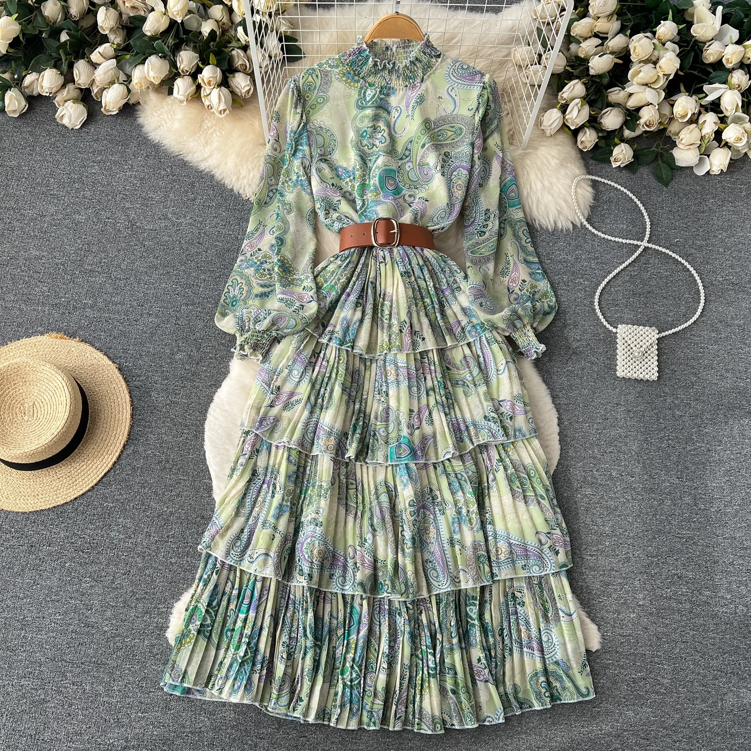 Vestido Midi F de Manga Longa com Estampa e Saia Godê, Cintura Alta, Manga Lanterna, Estilo Camadas, para Primavera e ...