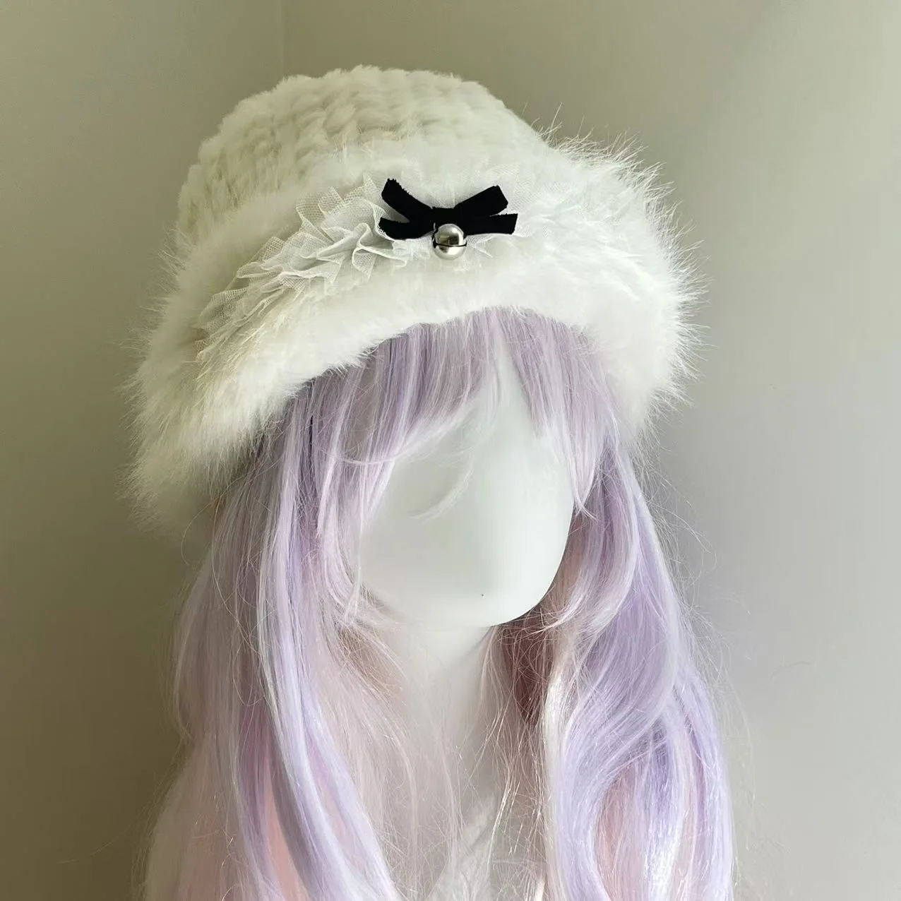 White Lolita Element Snow Angel Plush Lace Basin Hat Winter With Sweet Bow Bell Cute Warm Fisherman Knitted Hat