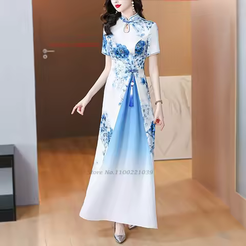 2026 chinese vintage dress improved cheongsam oriental national flower print qipao dress traditional banquet evening dress qipao