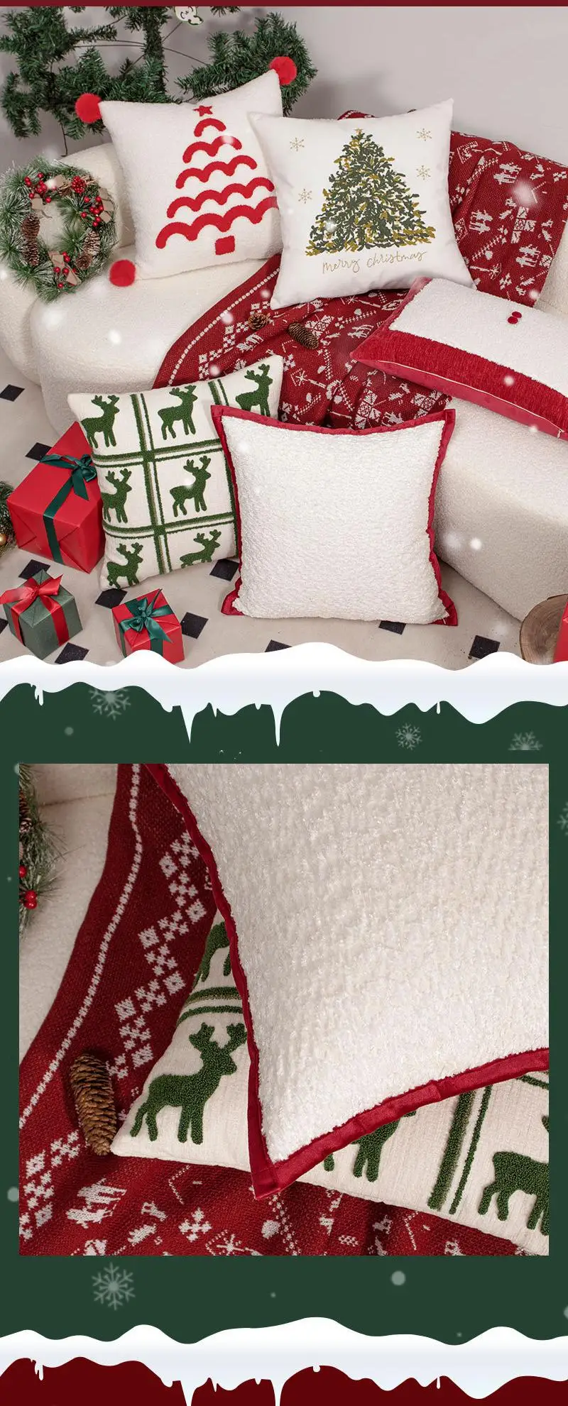 Weihnachtliche Stickerei-Kissenbezüge, Dekorative Kissenhüllen für Wohnzimmer-Sofa, Schlafzimmer-Kopfteil und Weihnachtsdekoration – Detail 10