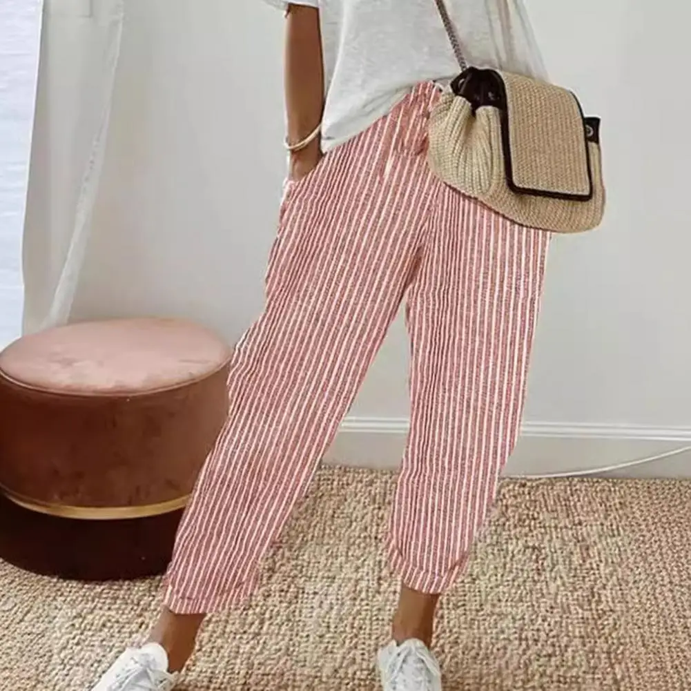 Calça feminina com harém de cordão na cintura elástica com bolsos, calça comprida, estampa listrada vertical, praia, escritório, compras, casual