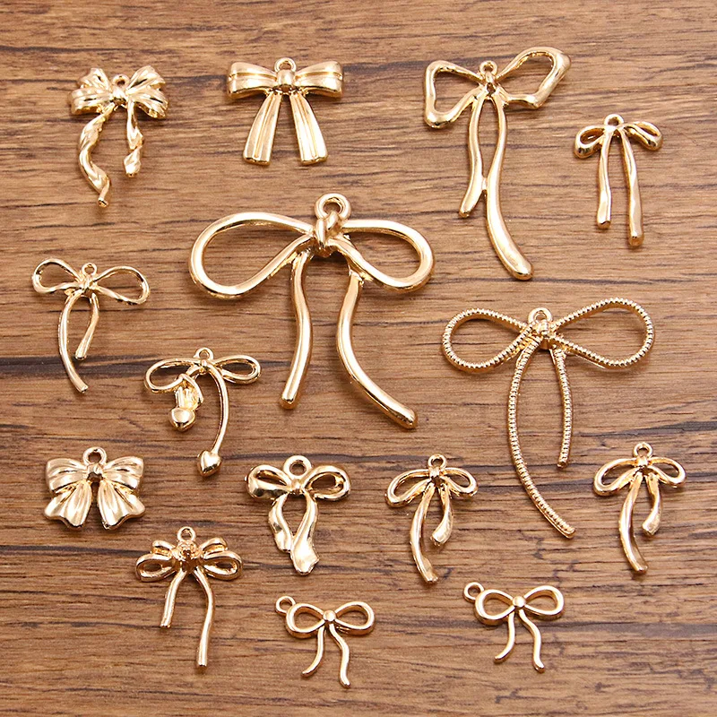 10pcs Gold Color-Retaining Cute Alloy Stylish Hollow-Out Bow Charms Pendant for DIY Jewelry Accessories Ornaments