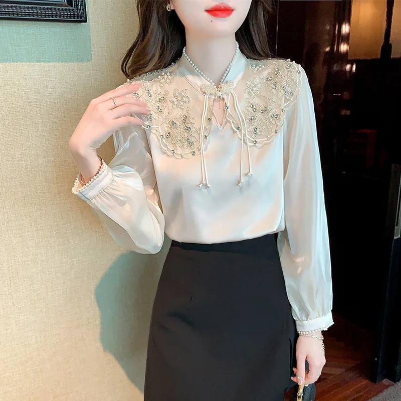 #2576 Beige Vintage Blouse Women Stand Collar Pearls Hollow Out France Style Long Sleeve Blouse Female Embroidery Spring Autumn