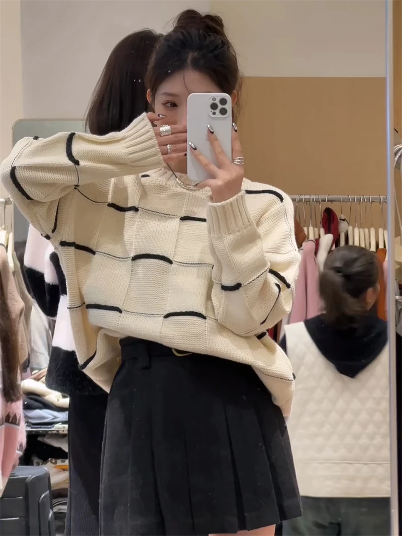 

Y2K Casual Loose Women Autumn Winter Sweater Patchwork Plaid New Soft Pullovers Long Sleeve Knitted Jumper Tops N124