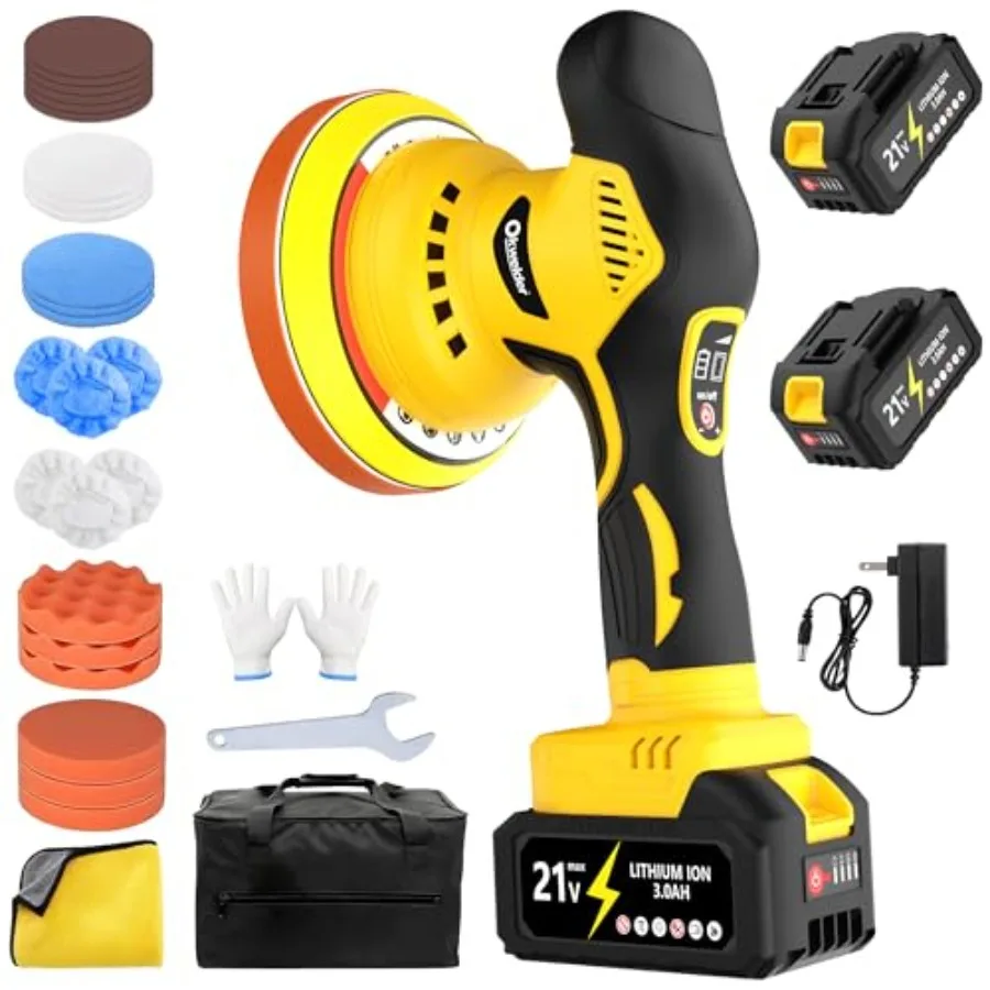 

Cordless Car Buffer Polisher 6 Inch DA Orbital Polisher kit with 2x 3.0Ah 21V Batteries 5500 Max OPM and 8 Variable Speeds for