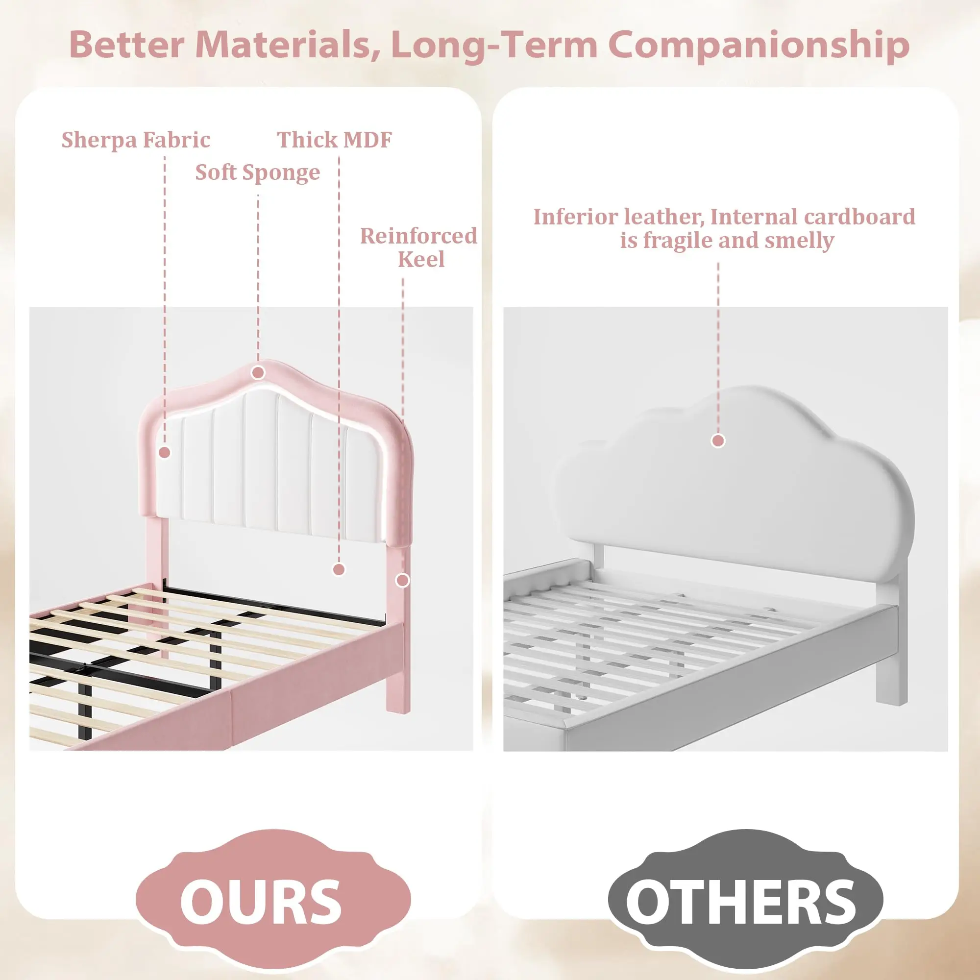Velvet Upholstered Platform Bed Frame with Storage Drawer & LED Lights Headboard, Wooden Slat Support, Noise-Free, No Box Spring Needed, Easy Assembly, Twin XL/Full, Blue/Pink image 4