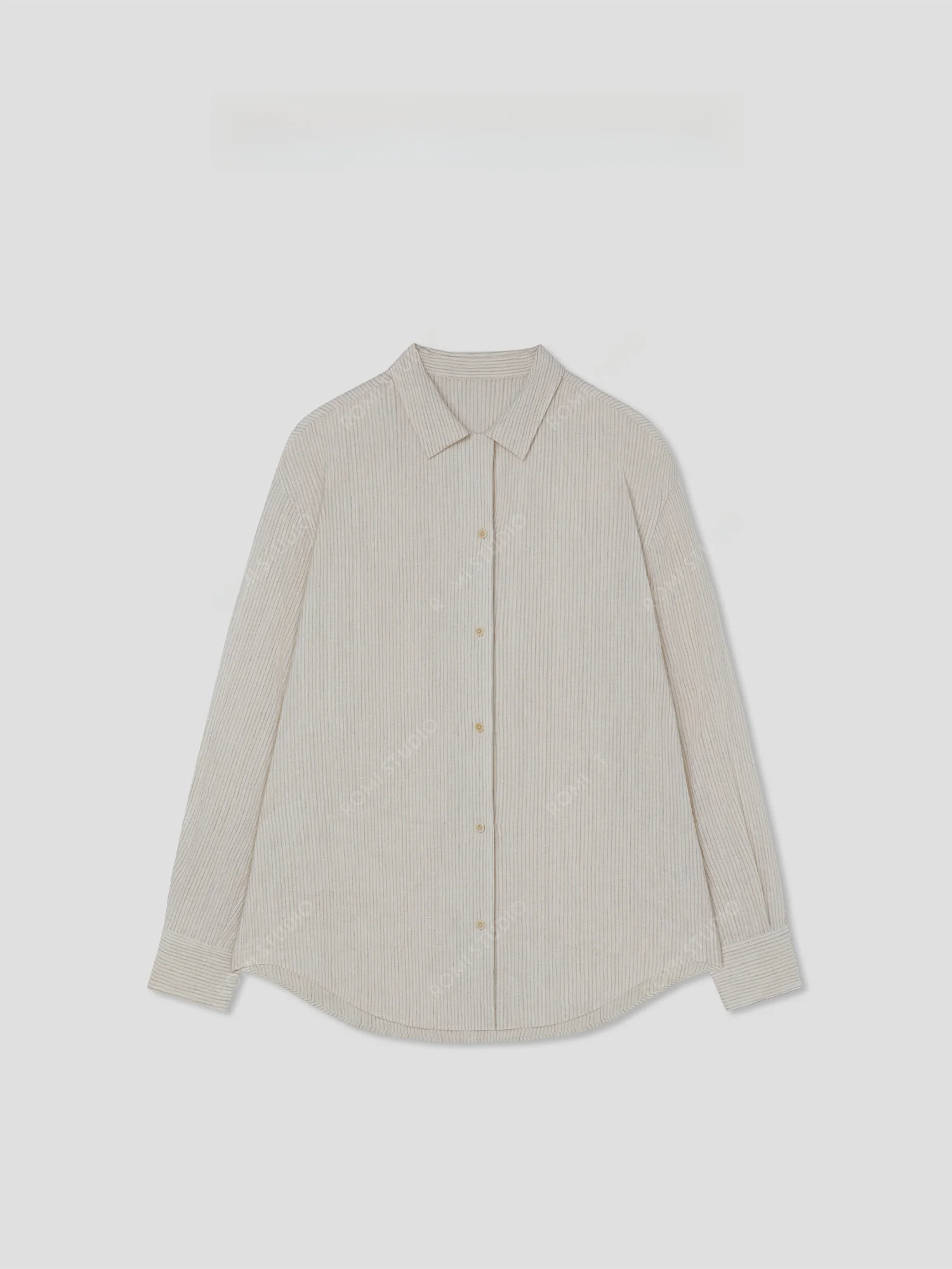 

Romi Studio Casual Sle Linen Texture Stripe Pattern Turn-down Collar irt Loose Fit Long Sve Women's Spring Faion