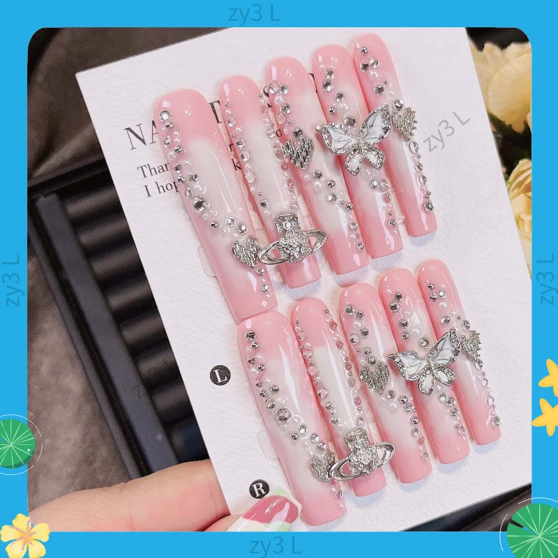 

Лидер продаж 2026 года: 10 шт. розовых накладных ногтей с бриллиантовой инкрустацией для нейл-арта